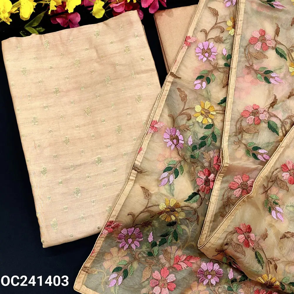 CODE OC241403: Rich beige designer premium silk cotton unstitched salwar material zari woven design all over(thin
