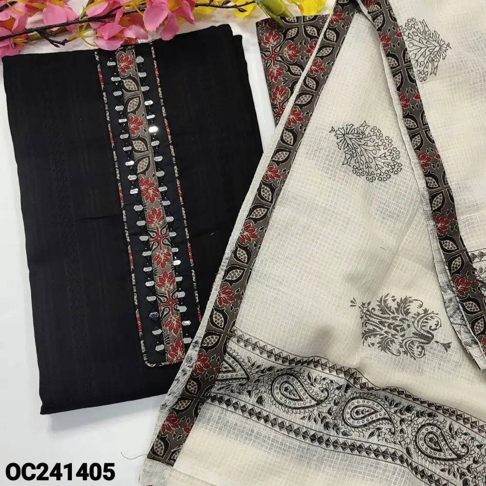 CODE OC241405: Black jakard cotton unstitched salwar material ajrak block printed yoke with real mirror work self woven