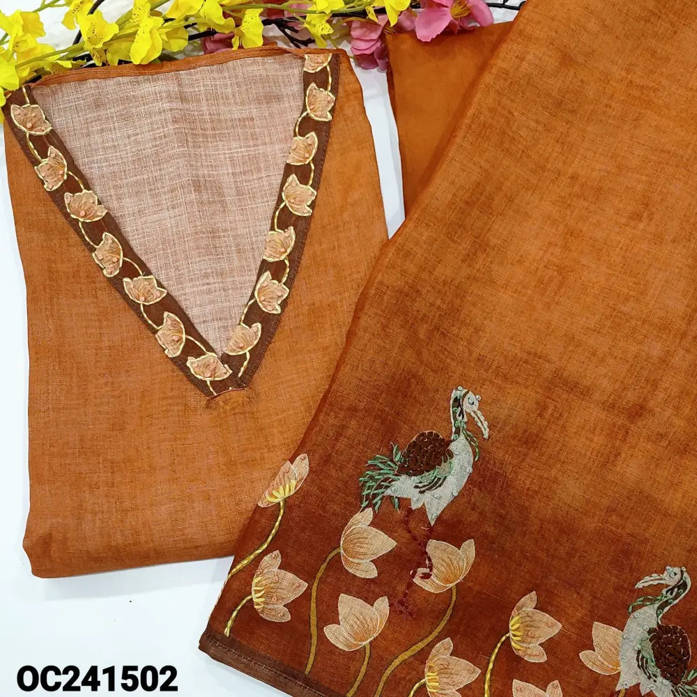 CODE OC241502: Orange with golden tint designer premium tissue linen unstitched salwar material v neck with thread