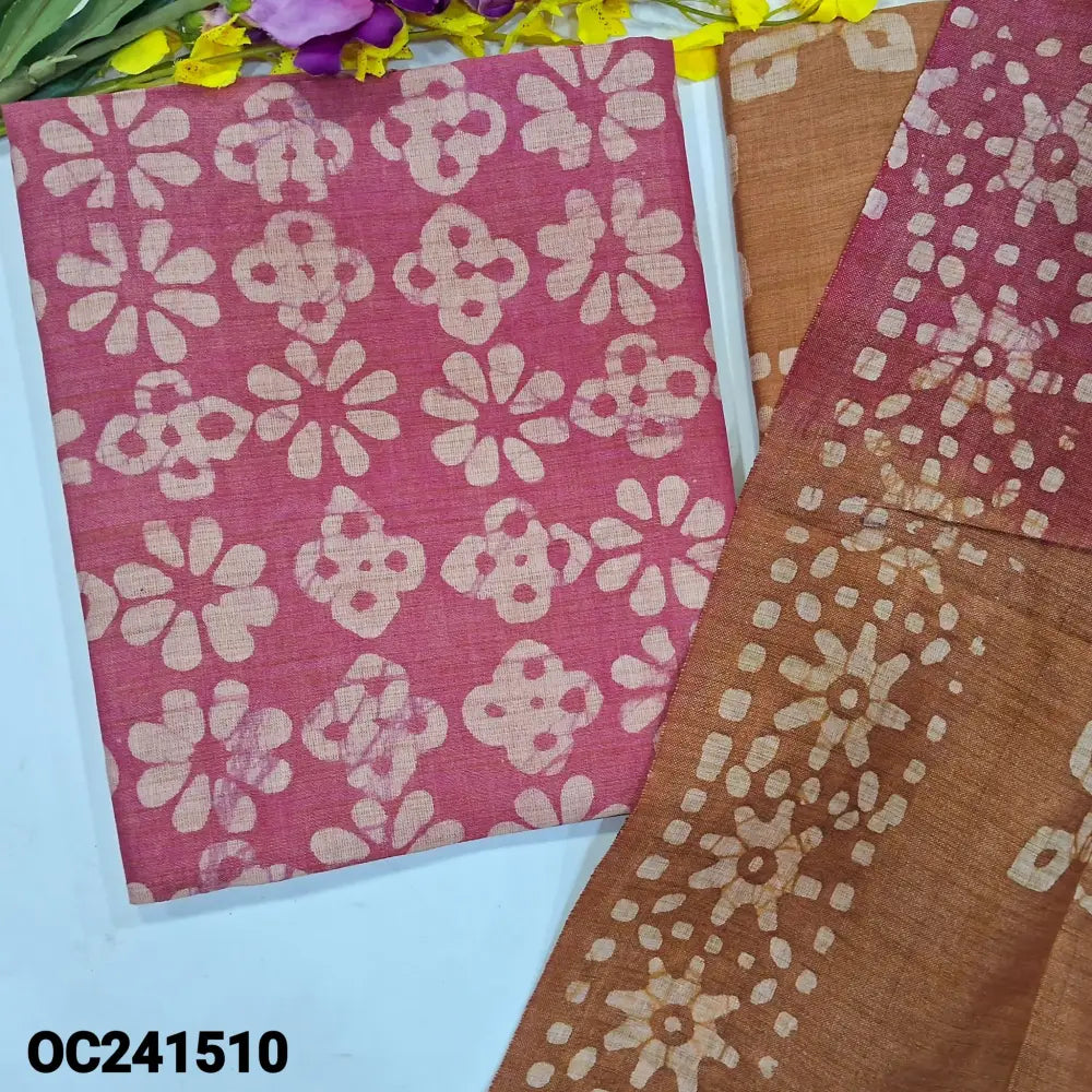 CODE OC241510: Pink original batik bagalpuri jute silk cotton unstitched salwar material(lining needed)brownish peach