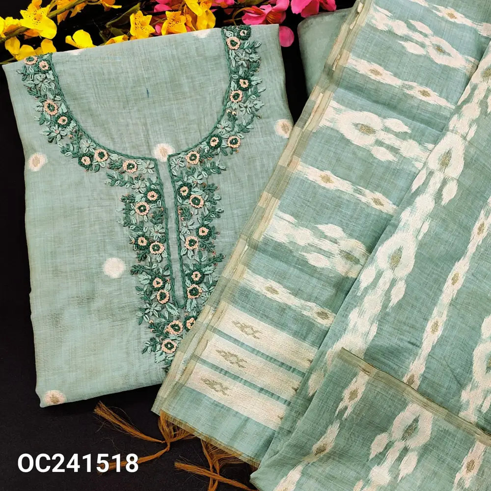 CODE OC241518: Pastel blue jamdani woven premium silk cotton unstitched salwar material rich hand embroidered