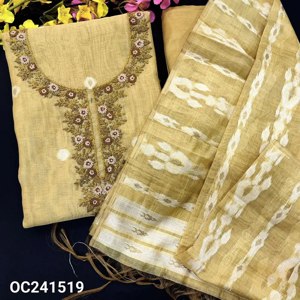 CODE OC241519: Pastel yellow jamdani woven premium silk cotton unstitched salwar material rich hand embroidered