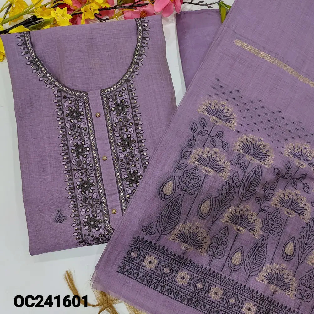 CODE OC241601: Light purple jamdani woven premium silk cotton unstitched salwar material embroidered& fancy buttons