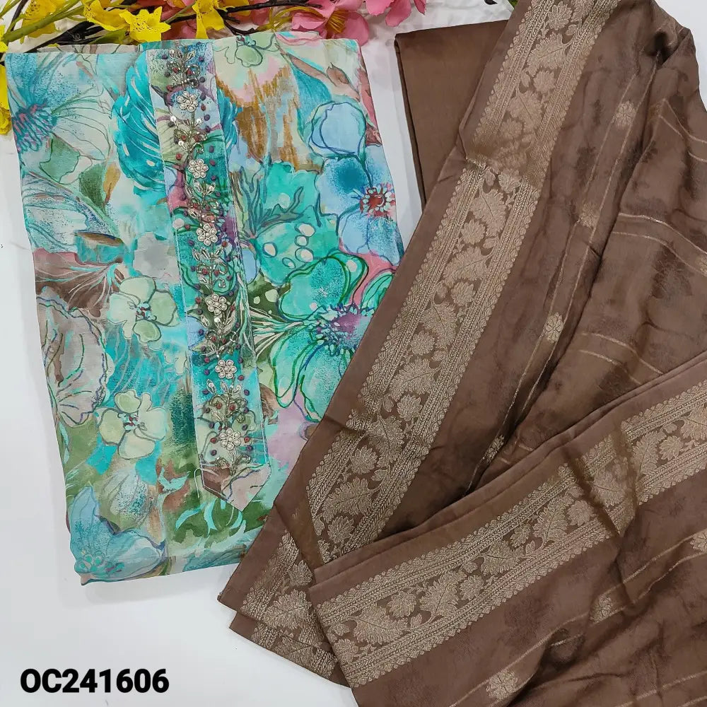 CODE OC241606: Blue designer floral printed pure maslin unstitched salwar material rich hand embroidered on yoke(lining