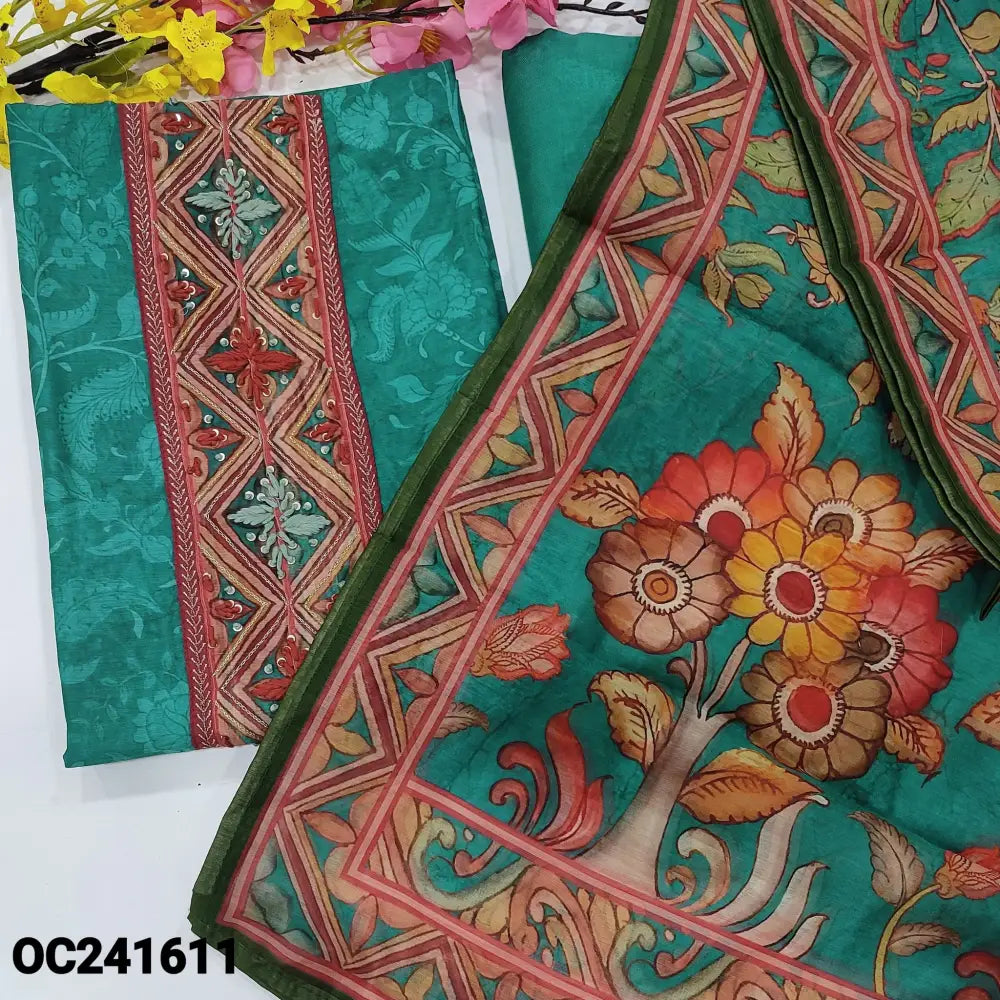 CODE OC241611: Turquoise blue digital floral printed silk cotton unstitched salwar material hand embroidered
