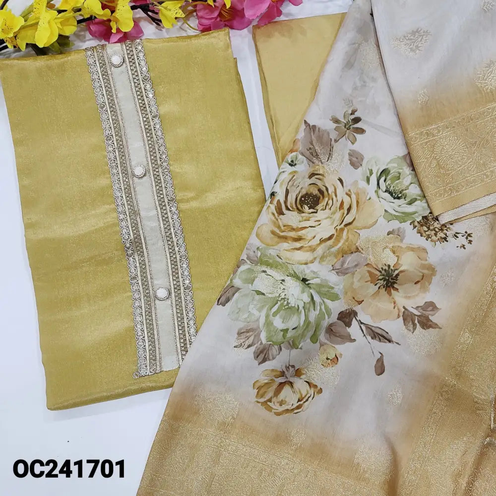 CODE OC241701: Golden beige designer tissue organza unstitched salwar material fancy buttons on yoke(shiny fabric