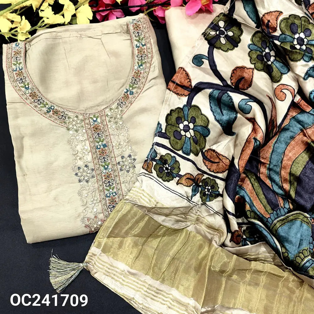 CODE OC241709: Greyish beige designer pure dola silk unstitched salwar material thread sequins &zari work on yoke