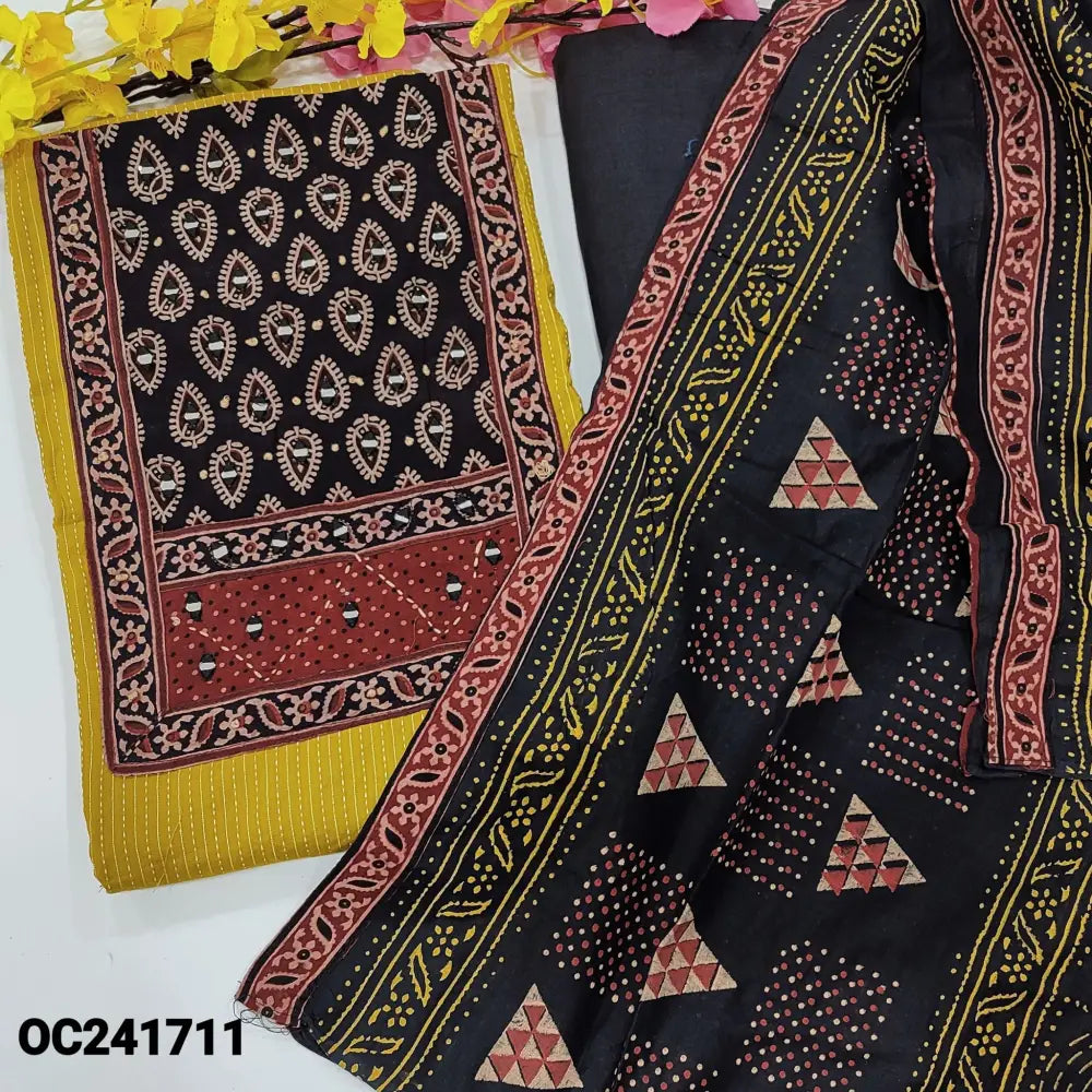 CODE OC241711: Bright mehandhi yellow kantha cotton unstitched salwar material ajrak block printed yoke with real