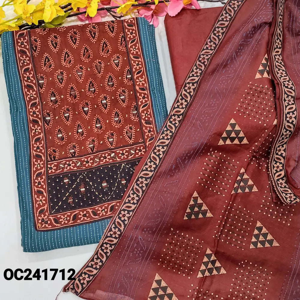 CODE OC241712: Blue kantha cotton unstitched salwar material ajrak block printed yoke with real mirror work(lining