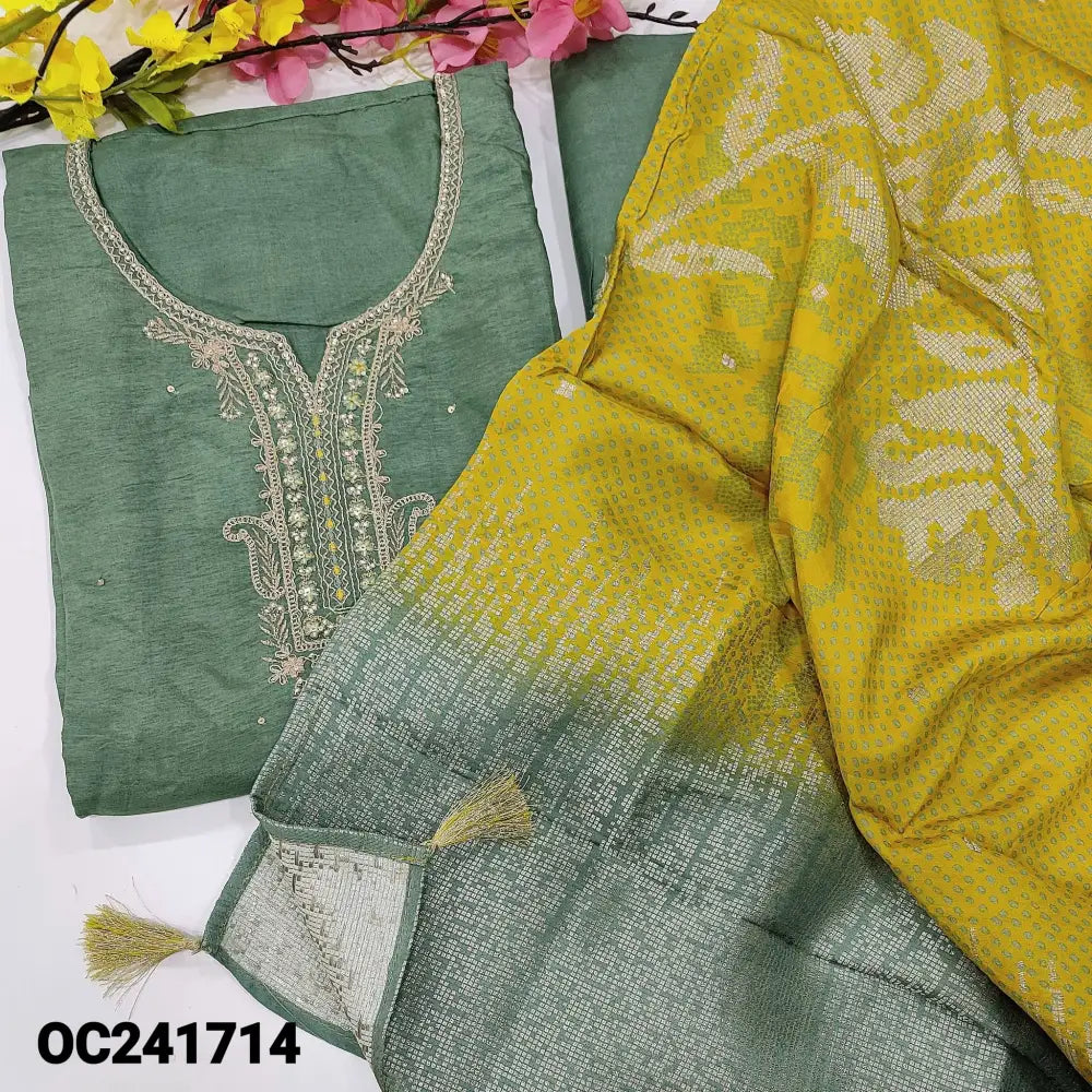 CODE OC241714: Cement green dola silk unstitched salwar material rich work on yoke sequin work on front(shiny fabric