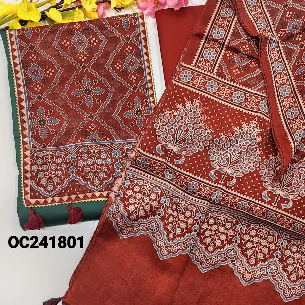 CODE OC241801: Dark bottle green premium satin cotton unstitched salwar material ajrak printed gajji silk yoke patch