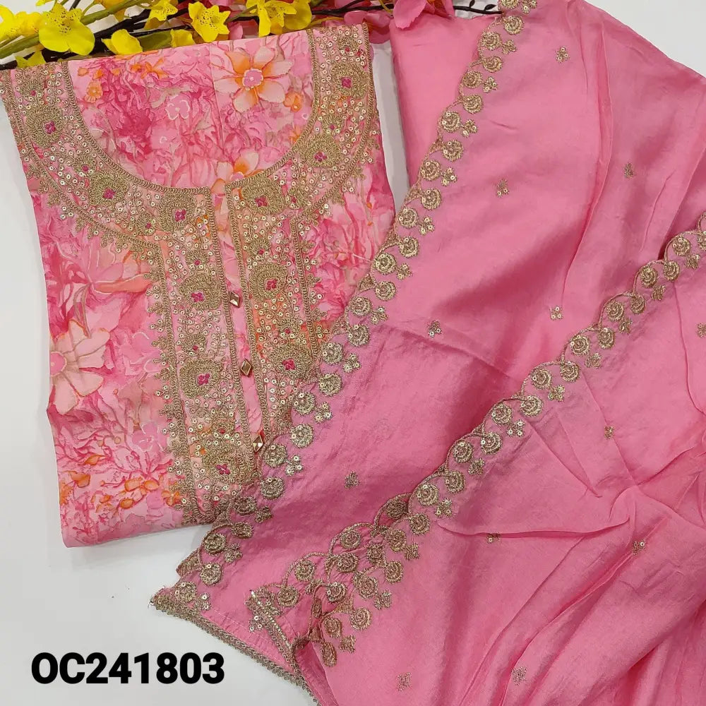 CODE OC241803: Pink printed premium modal maslin unstitched salwar material zari sequins& fancy buttons on yoke(soft