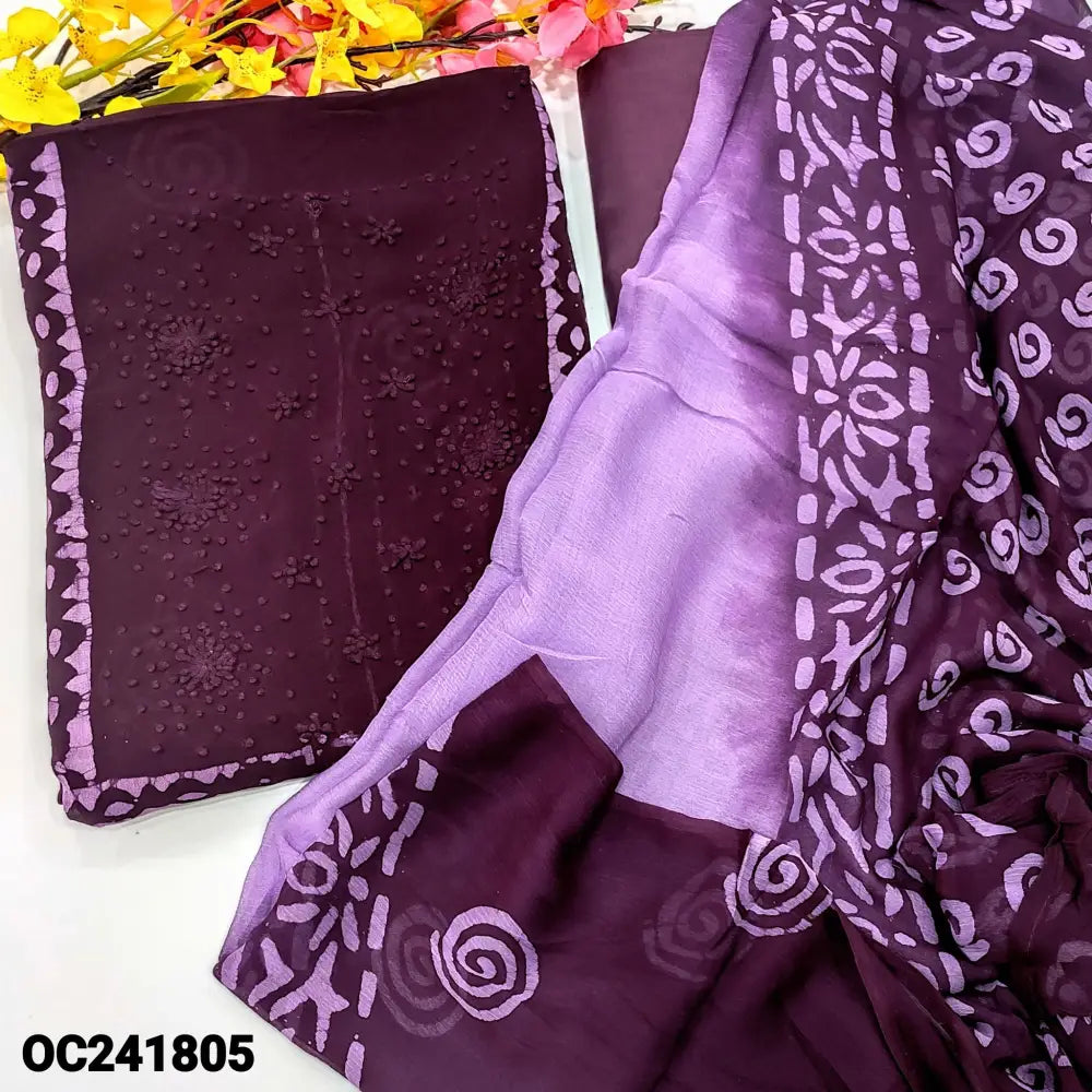 CODE OC241805: Deep wine purple original wax batik crepe georgette unstitched salwar material thread work on yoke(thin