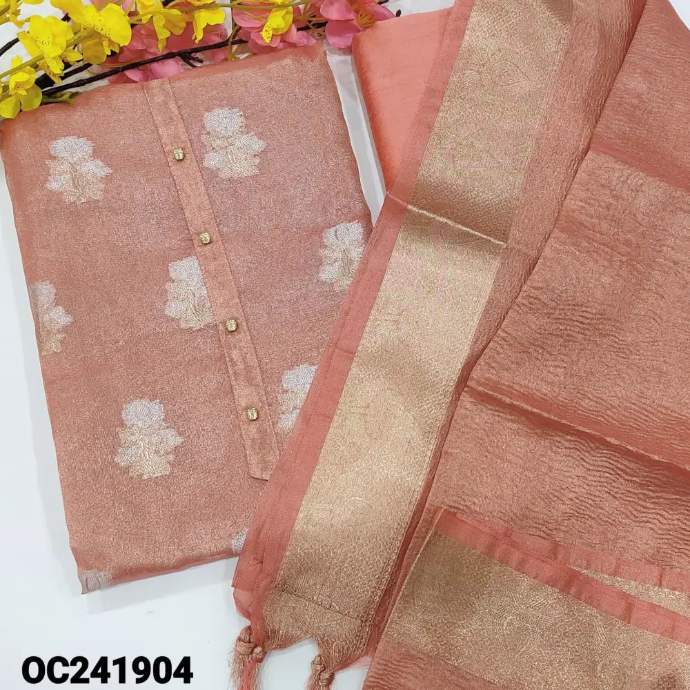 CODE OC241904: Pastel pink with golden tint tissue silk cotton unstitched salwar material fancy buttons on yoke zari
