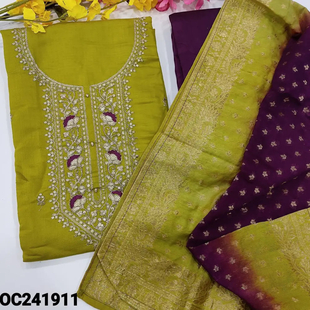 CODE OC241911: Bright mehandhi green spun silk unstitched salwar material rich work on yoke sequins work