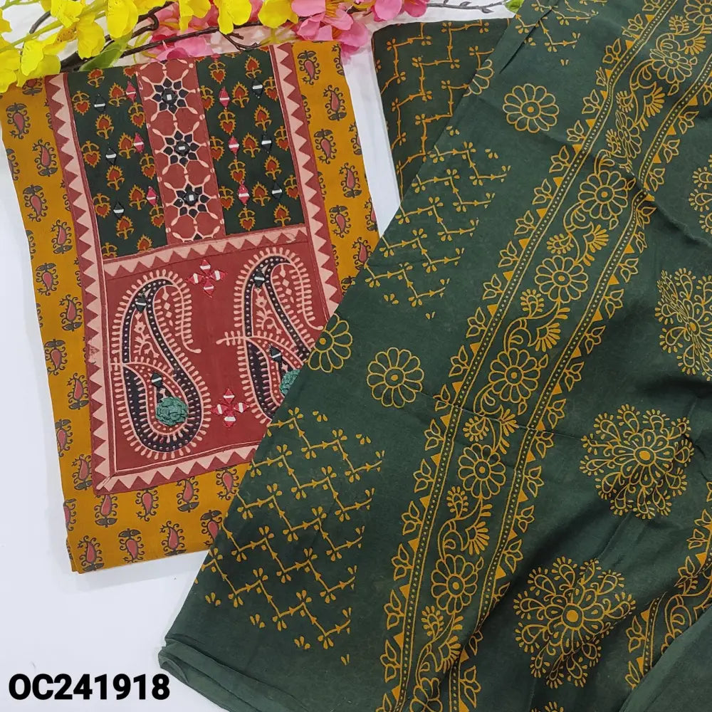 CODE OC241918: Mehandhi yellow ajrak block printed premium soft cotton unstitched salwar material real mirror &thread