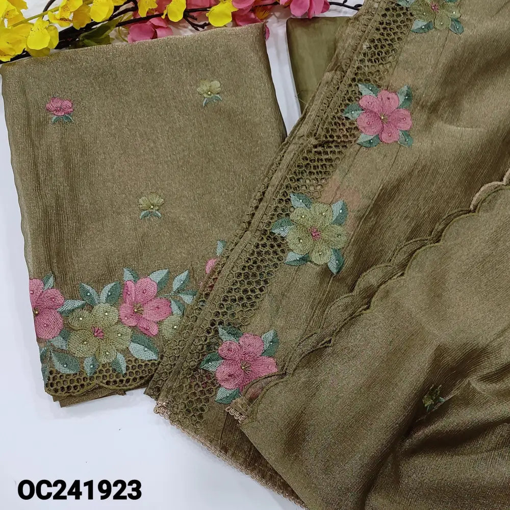 CODE OC241923: Light olive green with golden tint designer crinkled tissue silk cotton unstitched salwar material