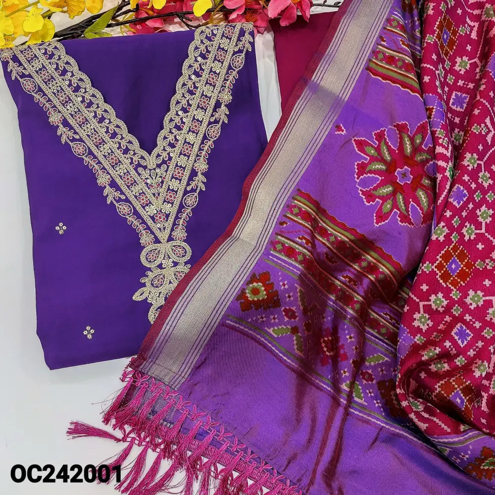 CODE OC242001: Violet premium silk cotton unstitched salwar material v neck zari& sequins work on yoke &front(lining