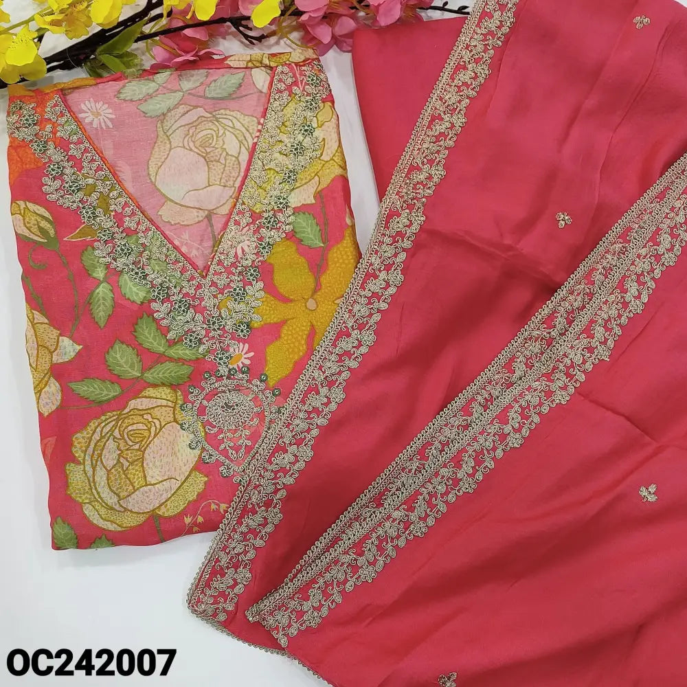 CODE OC242007: Bright pink base floral printed pure maslin silk unstitched salwar material v neck with heavy zari&