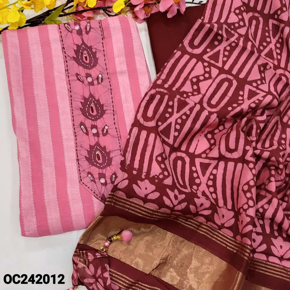 CODE OC242012: Pink kantha cotton unstitched salwar material batik& faux mirror work on yoke(lining optional)maroon