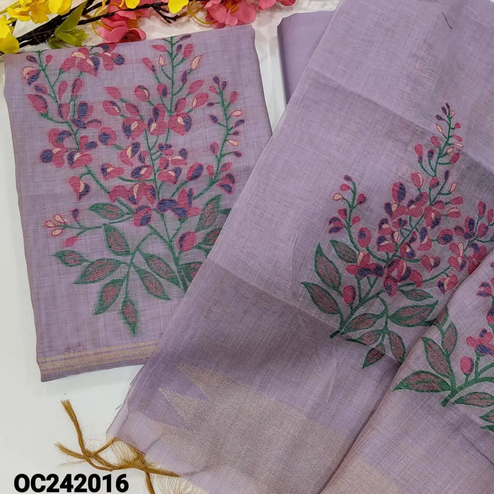 CODE OC242016: Lavender premium silk cotton unstitched salwar material jamdani woven on front(thin fabric lining