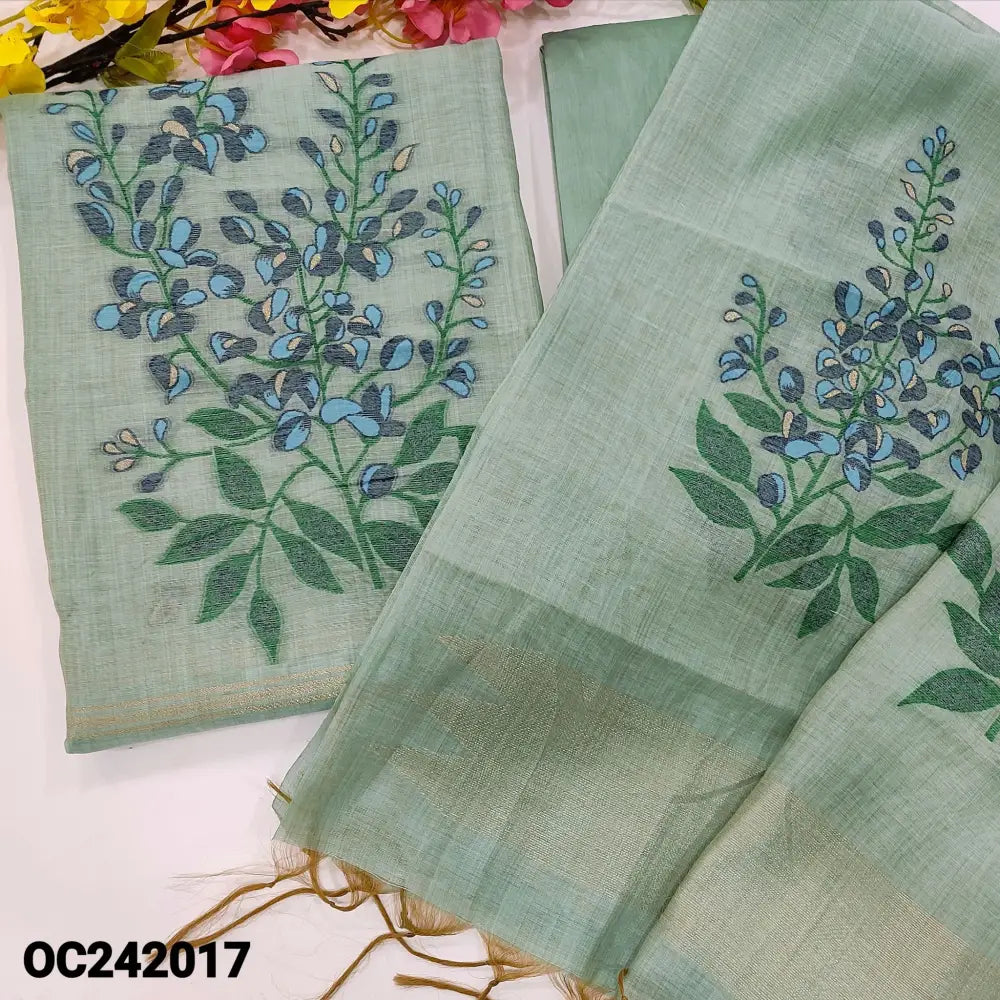 CODE OC242017: Pastel blue premium silk cotton unstitched salwar material jamdani woven on front(thin fabric lining