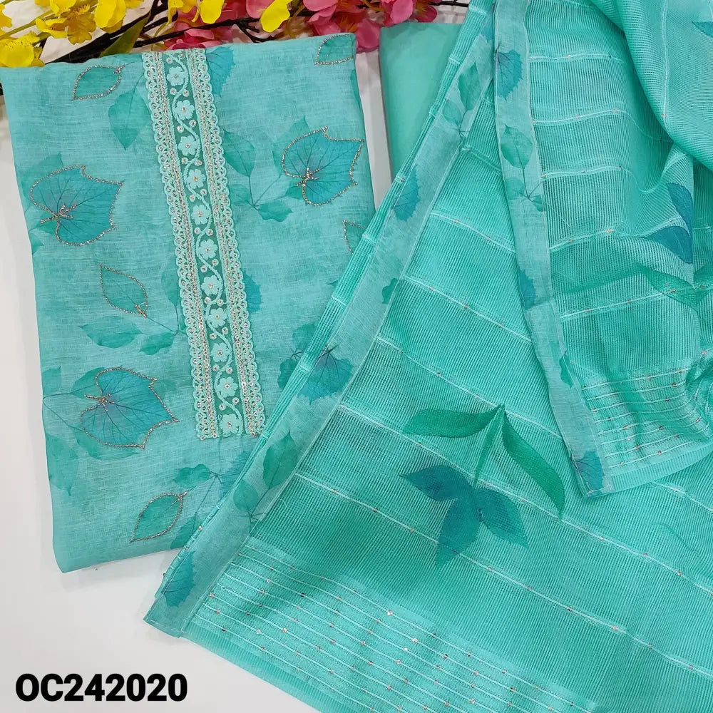 CODE OC242020: Blue leafy printed semi linen unstitched salwar material thread &sequins work on yoke(lining