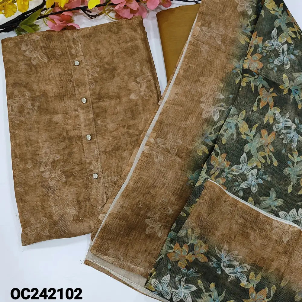 CODE OC242102: Light brown with golden tint sobar floral printed tissue silk cotton unstitched salwar material fancy