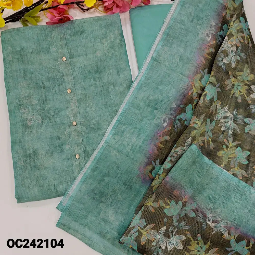 CODE OC242104: Blue with golden tint sobar floral printed tissue silk cotton unstitched salwar material fancy buttons