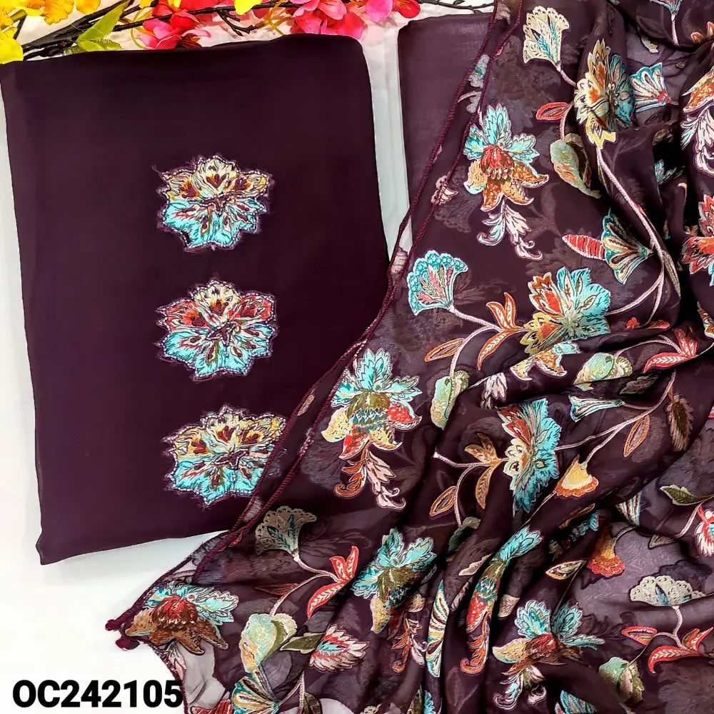 CODE OC242105: Deep wine purple semi georgette unstitched salwar material applique& bead work on yoke(thin fabric