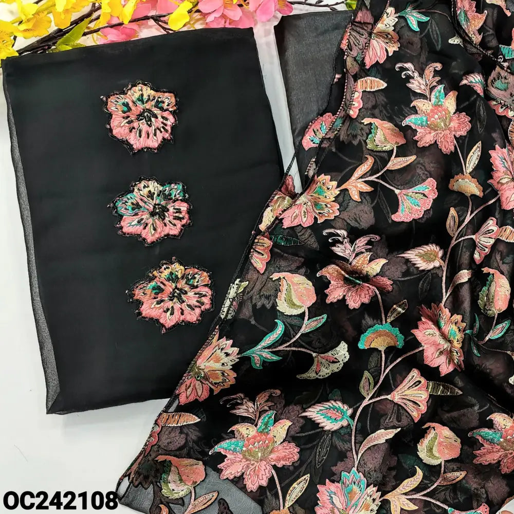 CODE OC242108: Black semi georgette unstitched salwar material applique& bead work on yoke(thin fabric lining
