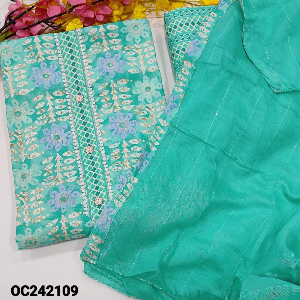 CODE OC242109: Blue printed liquid fabric unstitched salwar material fancy buttons &lace work on yoke(lining