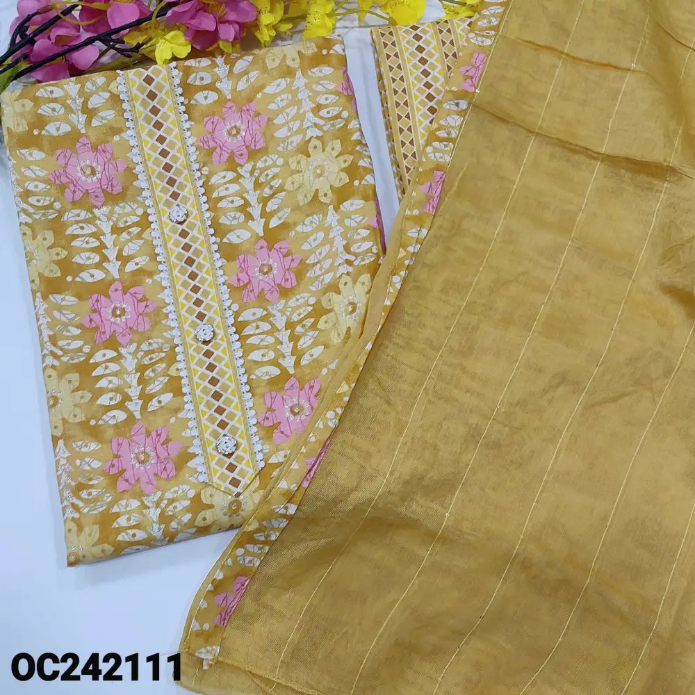 CODE OC242111: Light fenugreek yellow printed liquid fabric unstitched salwar material fancy buttons &lace work