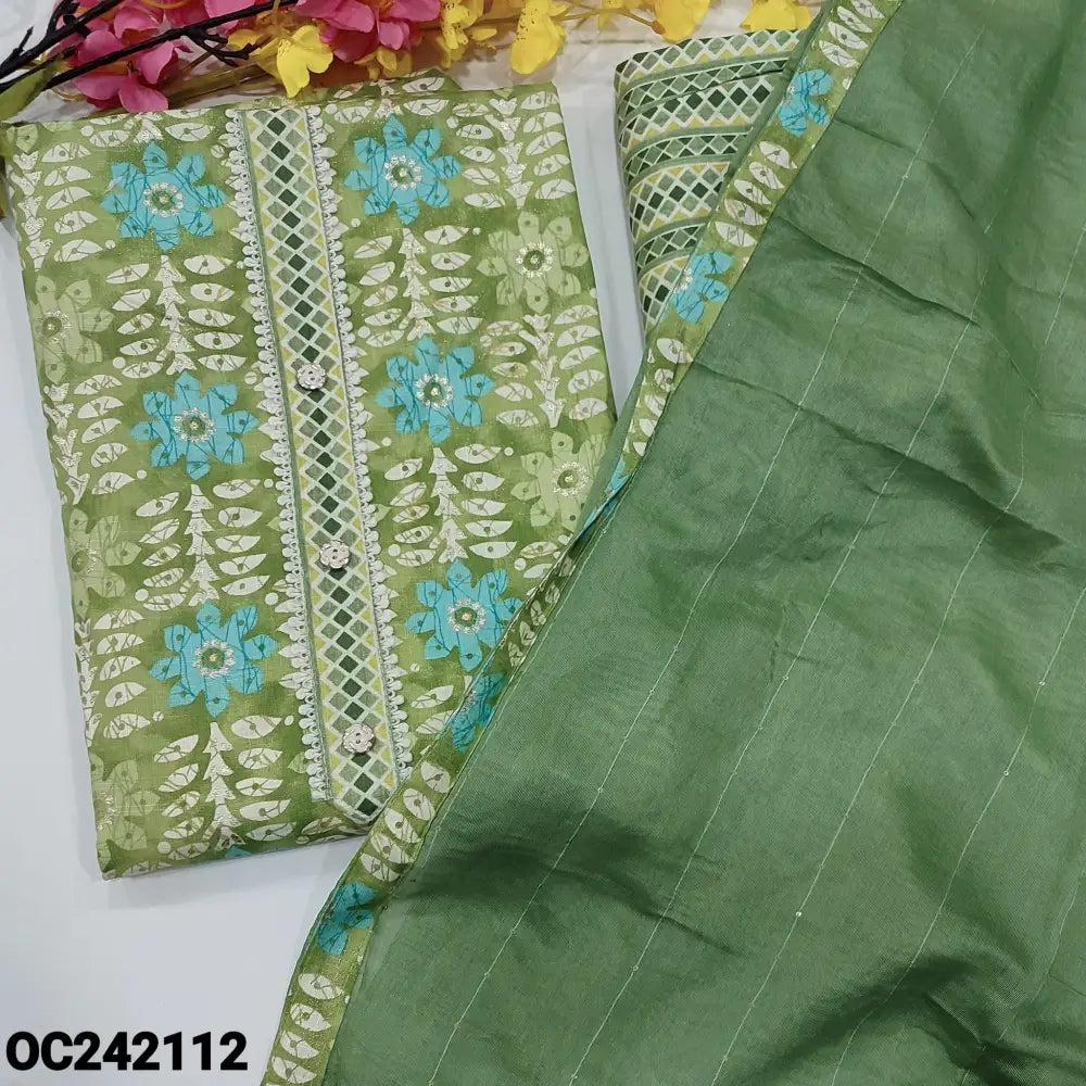 CODE OC242112: Light green printed liquid fabric unstitched salwar material fancy buttons &lace work on yoke(lining