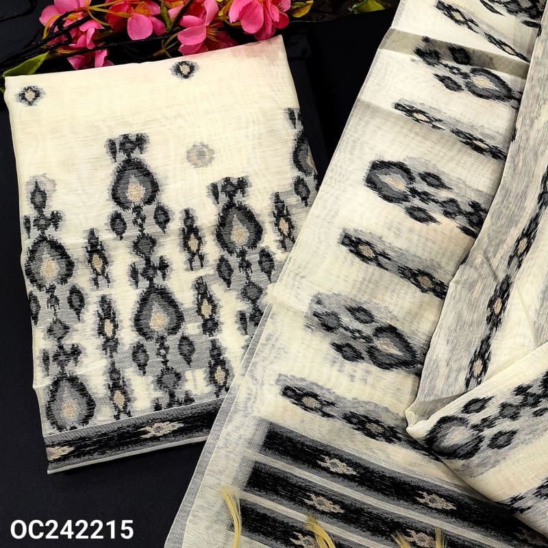 CODE OC242215: Half white jamdani woven premium silk cotton unstitched salwar material(thin fabric lining needed)black