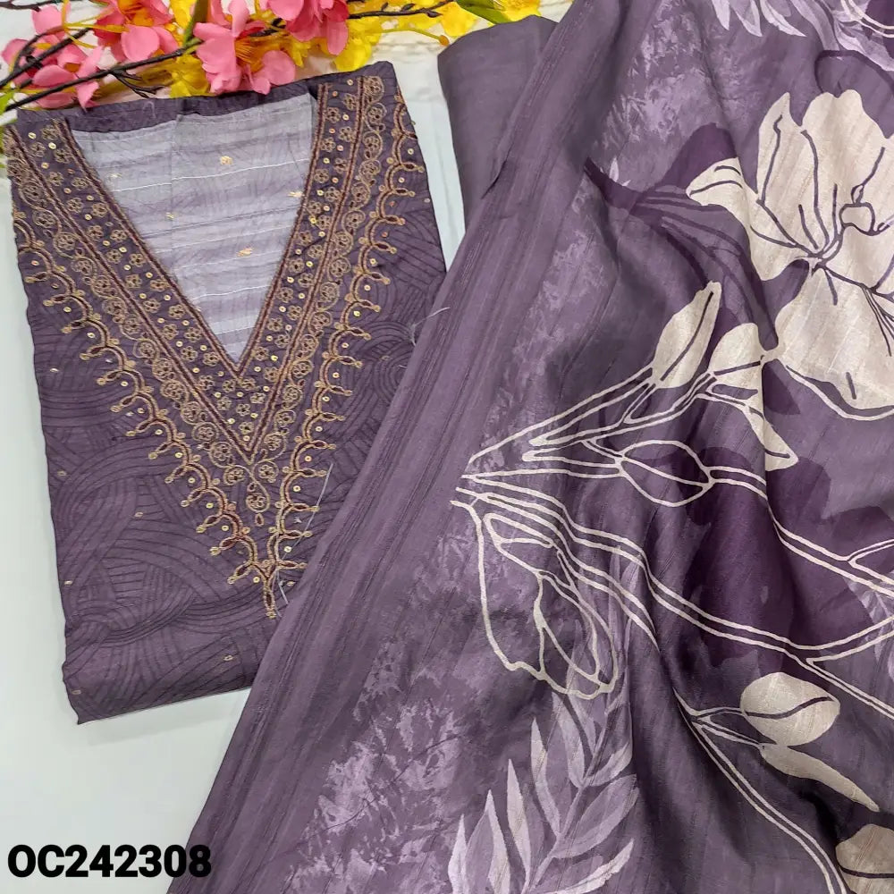 CODE OC242308: Dark purple designer digital printed premium tussar silk unstitched salwar material v neck with zari&