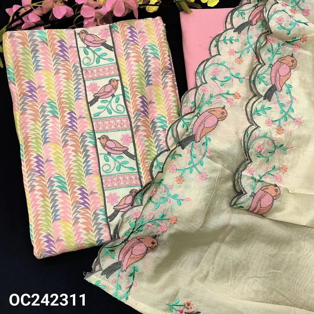 CODE OC242311: Multi color soft silk cotton unstitched salwar material bird embroidered on yoke(lining needed)pink