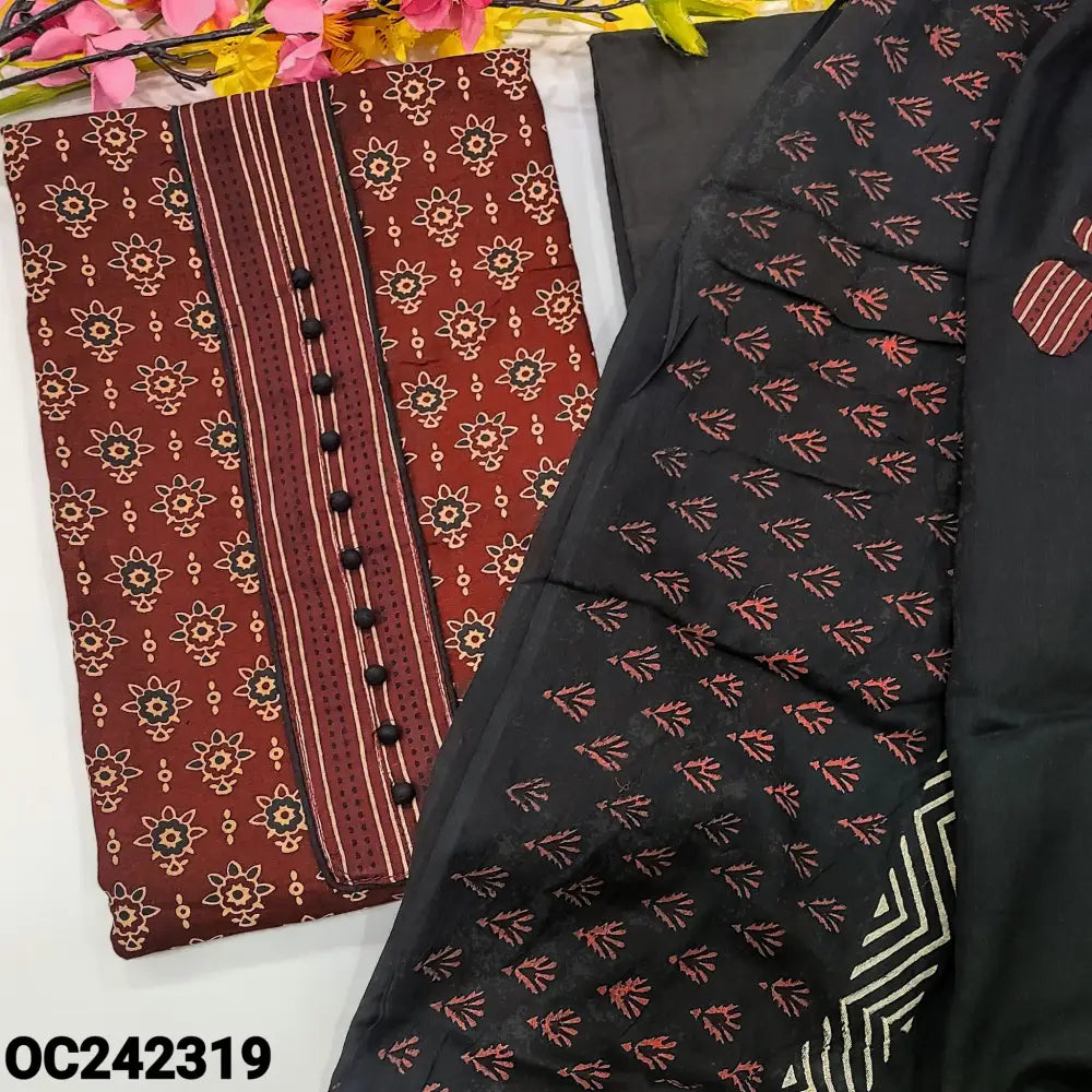 CODE OC242319: Maroon ajrak block printed pure cotton unstitched salwar material potli buttons on yoke(lining