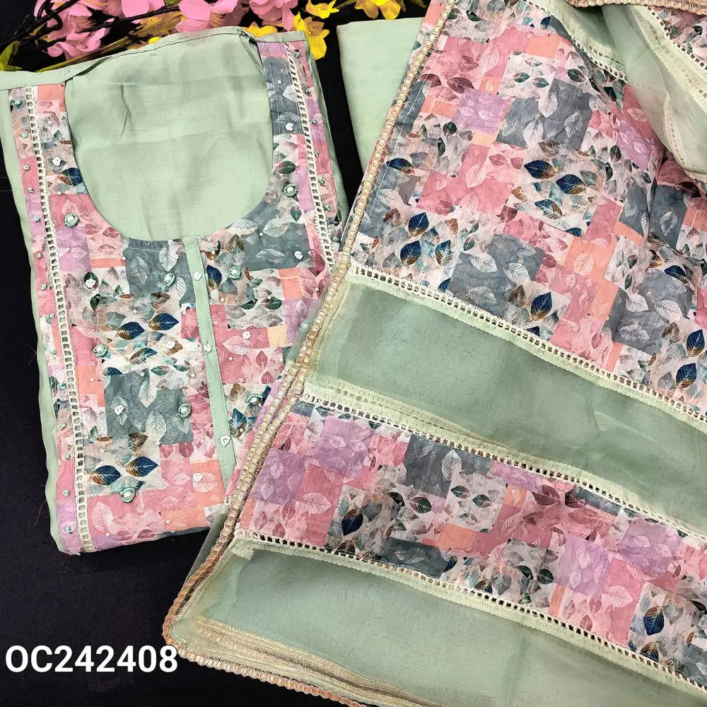 CODE OC242408: Pastel blue premium soft silk cotton unstitched salwar material abstract printed yoke bead work on yoke&