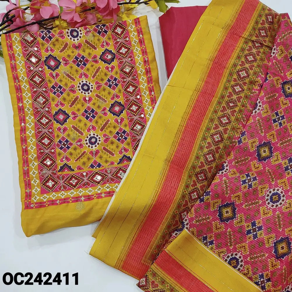 CODE OC242411: Bright mango yellow fancy silk unstitched salwar material patola printed yoke with zari& sequins work