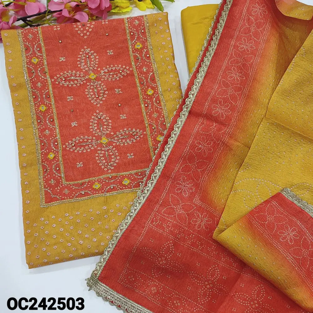 CODE OC242503: Yellow with pink bandhini printed crinkled tissue silk cotton unstitched salwar material zari zardozi&