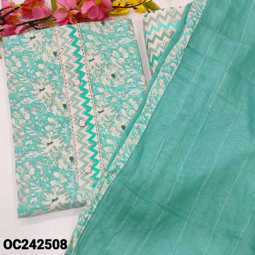 CODE OC242508: Blue floral printed liquid fabric unstitched salwar material fancy buttons on yoke(lining