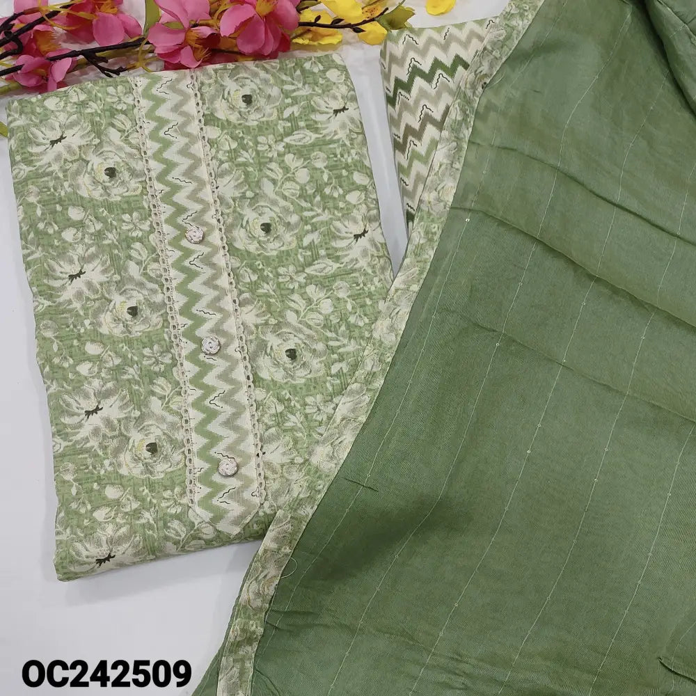CODE OC242509: Light green floral printed liquid fabric unstitched salwar material fancy buttons on yoke(lining