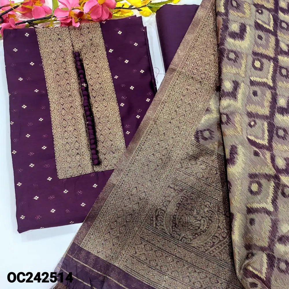 CODE OC242514: Dark purple fancy silk cotton unstitched salwar material golden brocade yoke patch& fancy buttons
