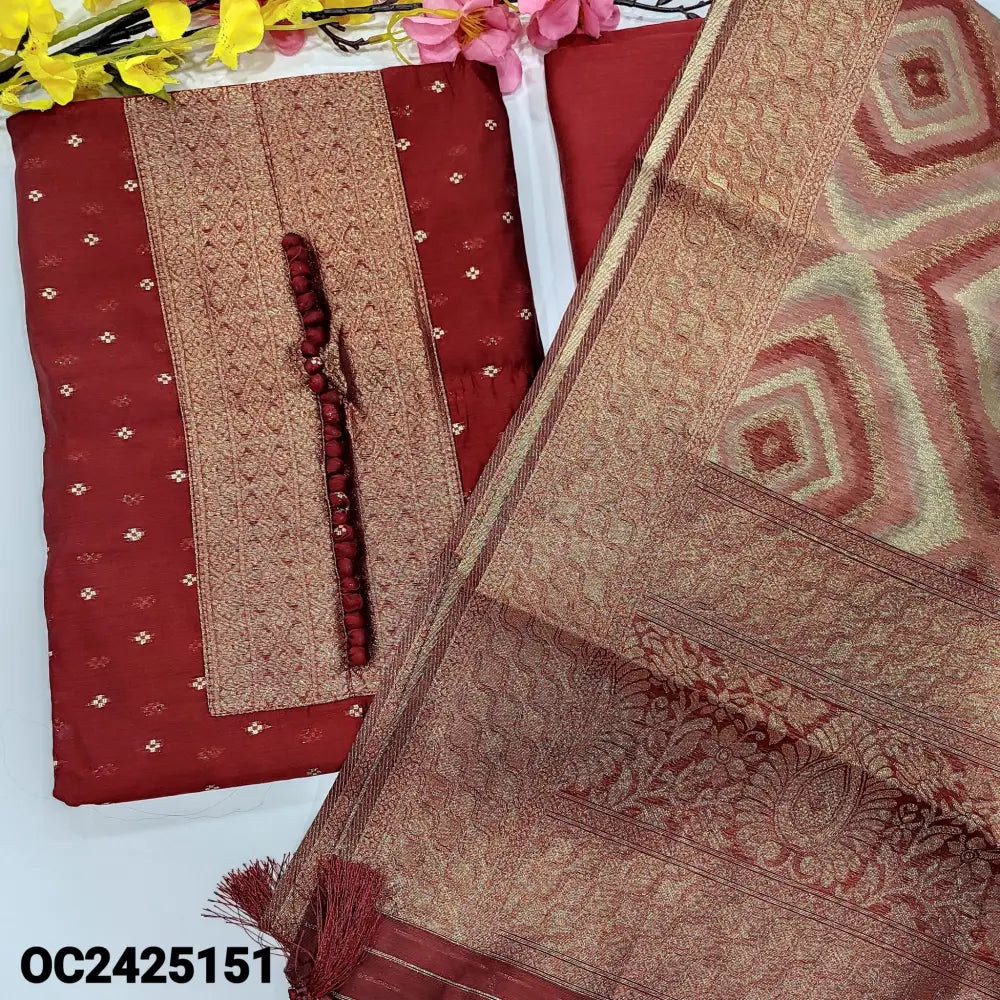 CODE OC2425151: Bright reddish maroon fancy silk cotton unstitched salwar material golden brocade yoke patch& potli