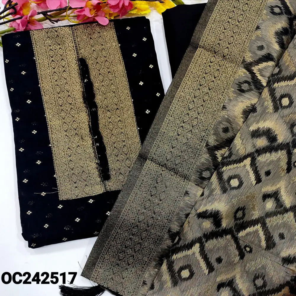 CODE OC242517: Black fancy silk cotton unstitched salwar material golden brocade yoke patch& potli buttons on yoke(thin
