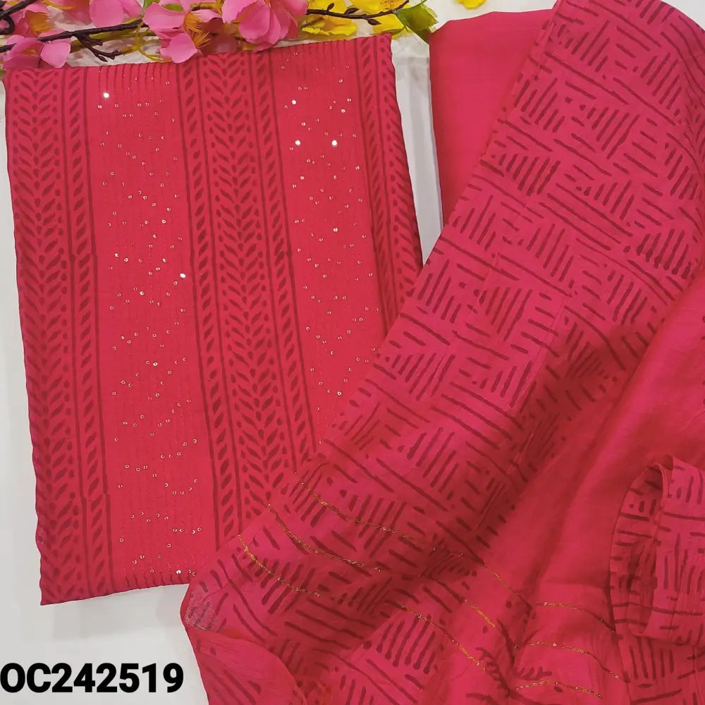 CODE OC242519: Bright pink block printed fancy silk cotton unstitched salwar material sequins work on front(thin fabric