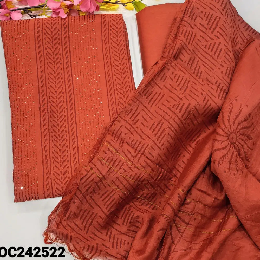 CODE OC242522: Brick red block printed fancy silk cotton unstitched salwar material sequins work on front(thin fabric