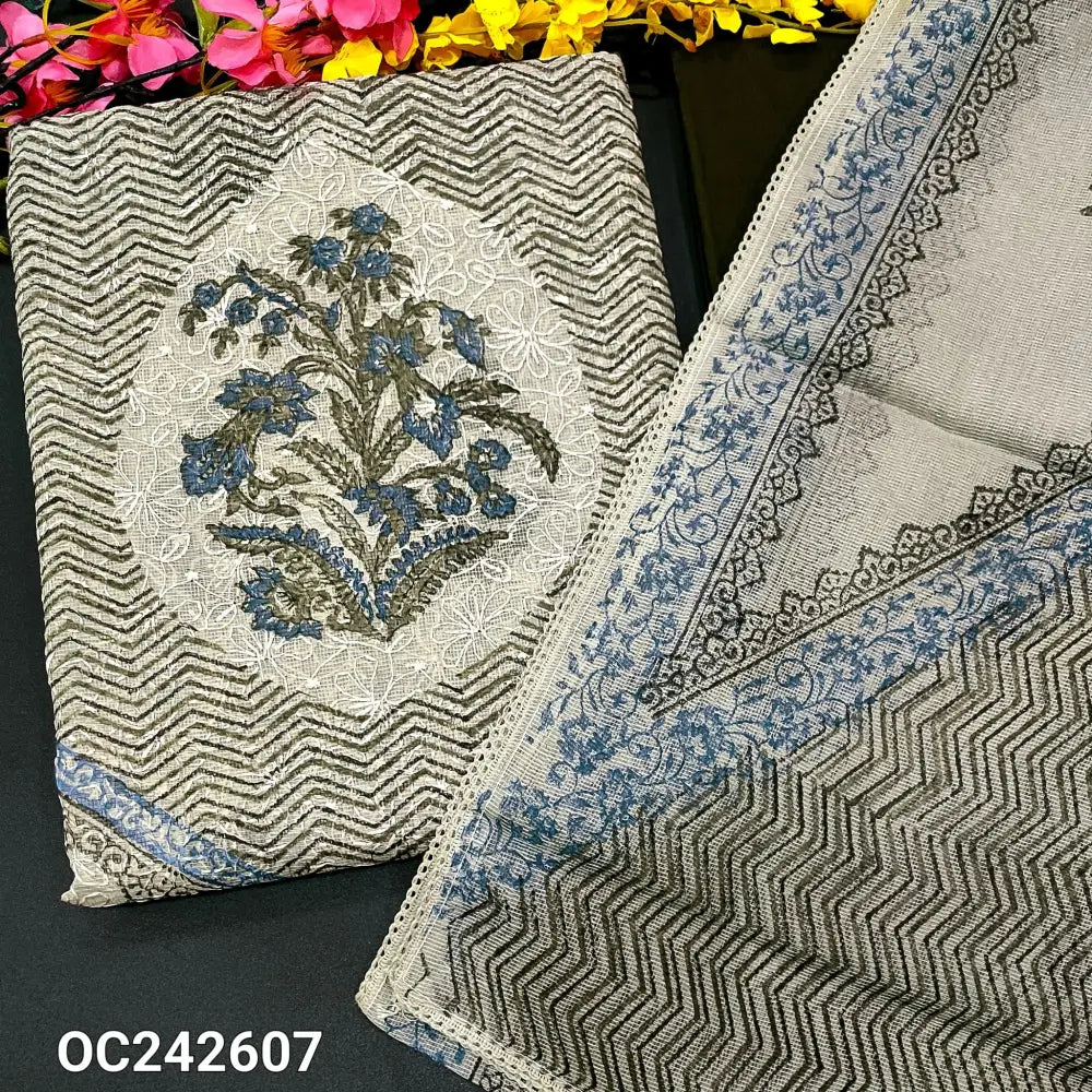 CODE OC242607: Greyish green block printed super net unstitched salwar material embroidered all over(netted fabric