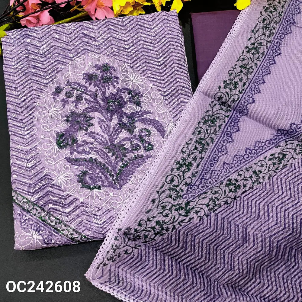 CODE OC242608: Lavender block printed super net unstitched salwar material embroidered all over(netted fabric lining